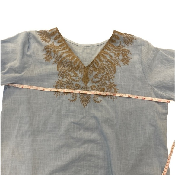 Blue Boho Embroidered Balloon Sleeve V-Neck Top 100% Cotton sz L - Picture 9 of 11